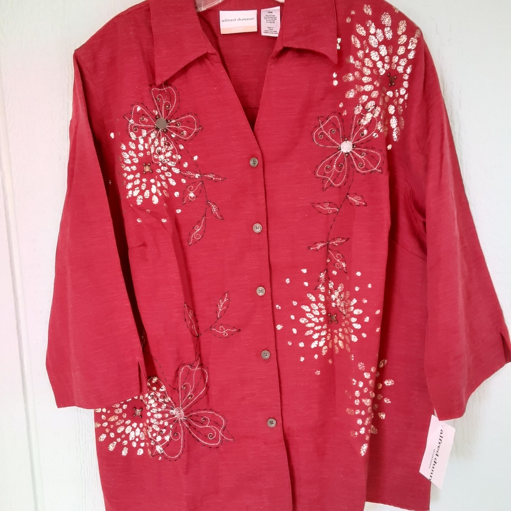 Alfred Dunner 🌞049 Jacket Blouse Women's NWT Red Plus Size 18W Embellished